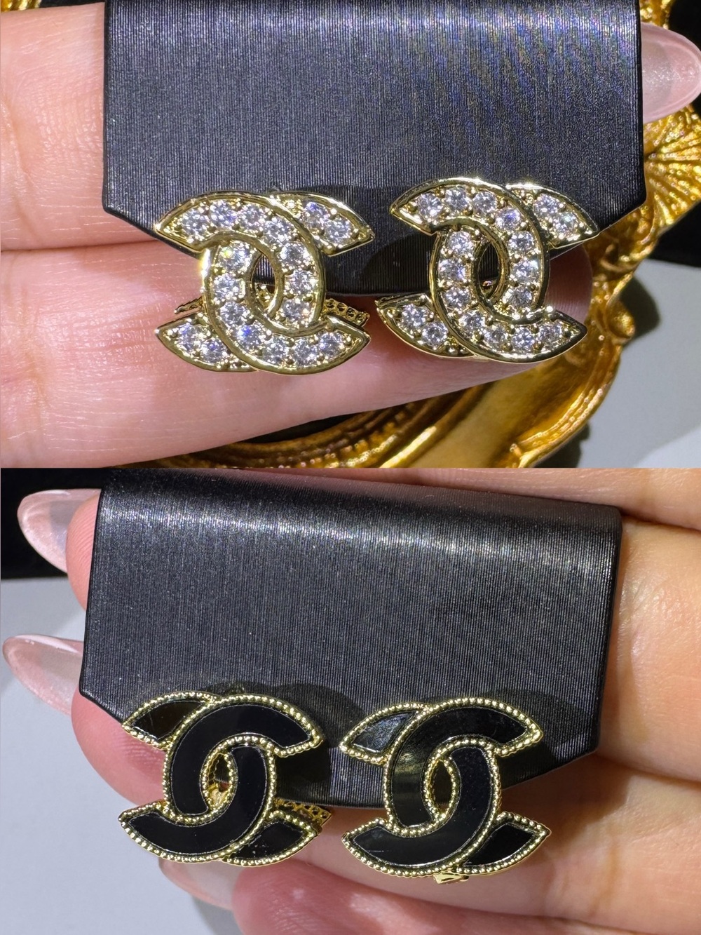 Double-Sided Black & Crystal Interlocking C Earrings – Reversible 2-in-1